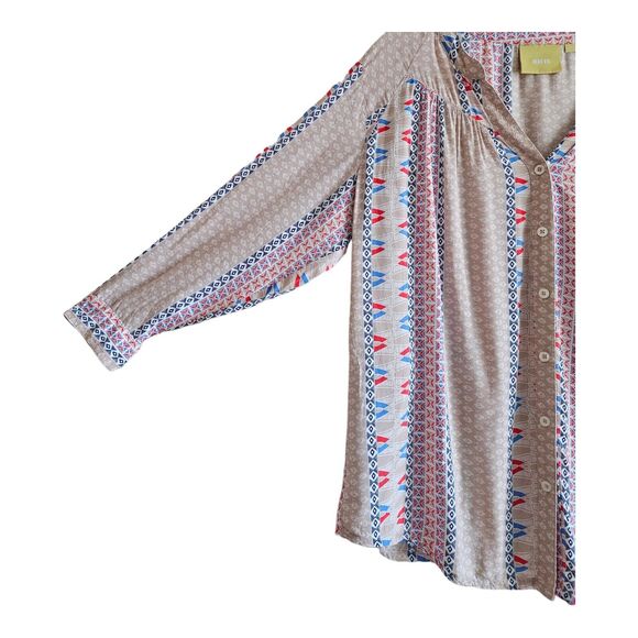 ANTHROPOLOGIE MAEVE Women M Blouse Southwest Button Up 3/4 Sleeve Beige Blue 44" - Picture 5 of 8